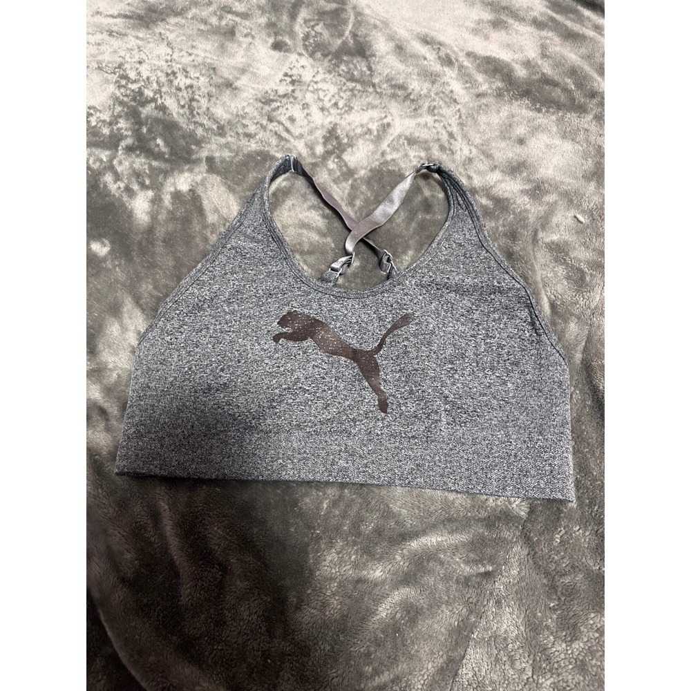 Puma Womens Grey Heather Seamless Sports Bra Adjustable Straps Glitter Logo M